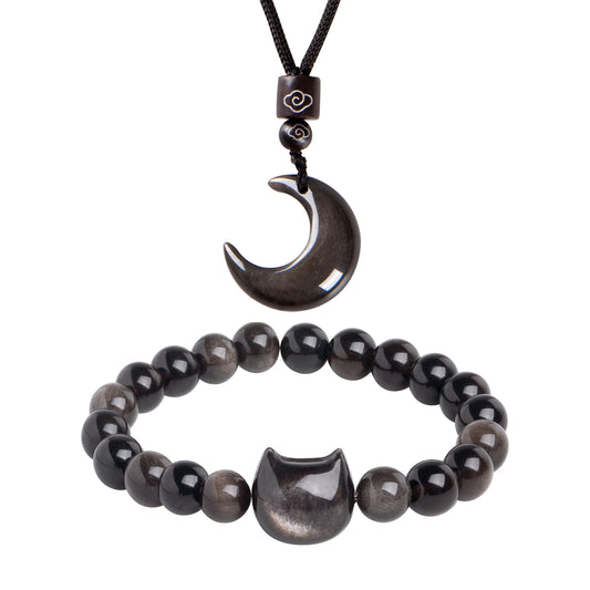 Black Obsidian Cat Bracelet and Moon Pendant Necklace Set