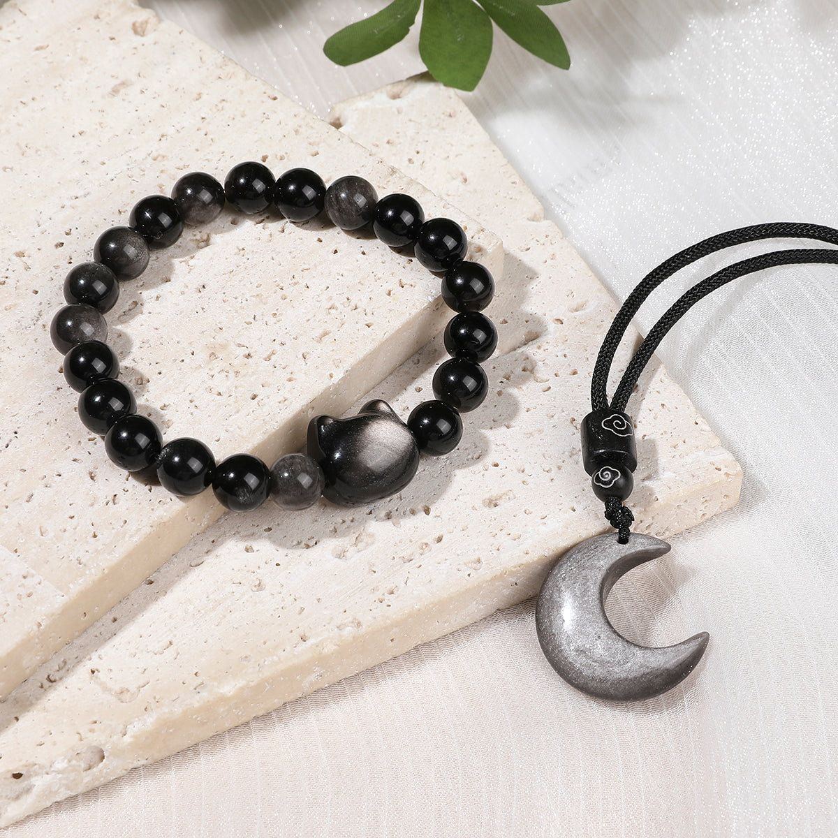 Black Obsidian Cat Bracelet and Moon Pendant Necklace Set